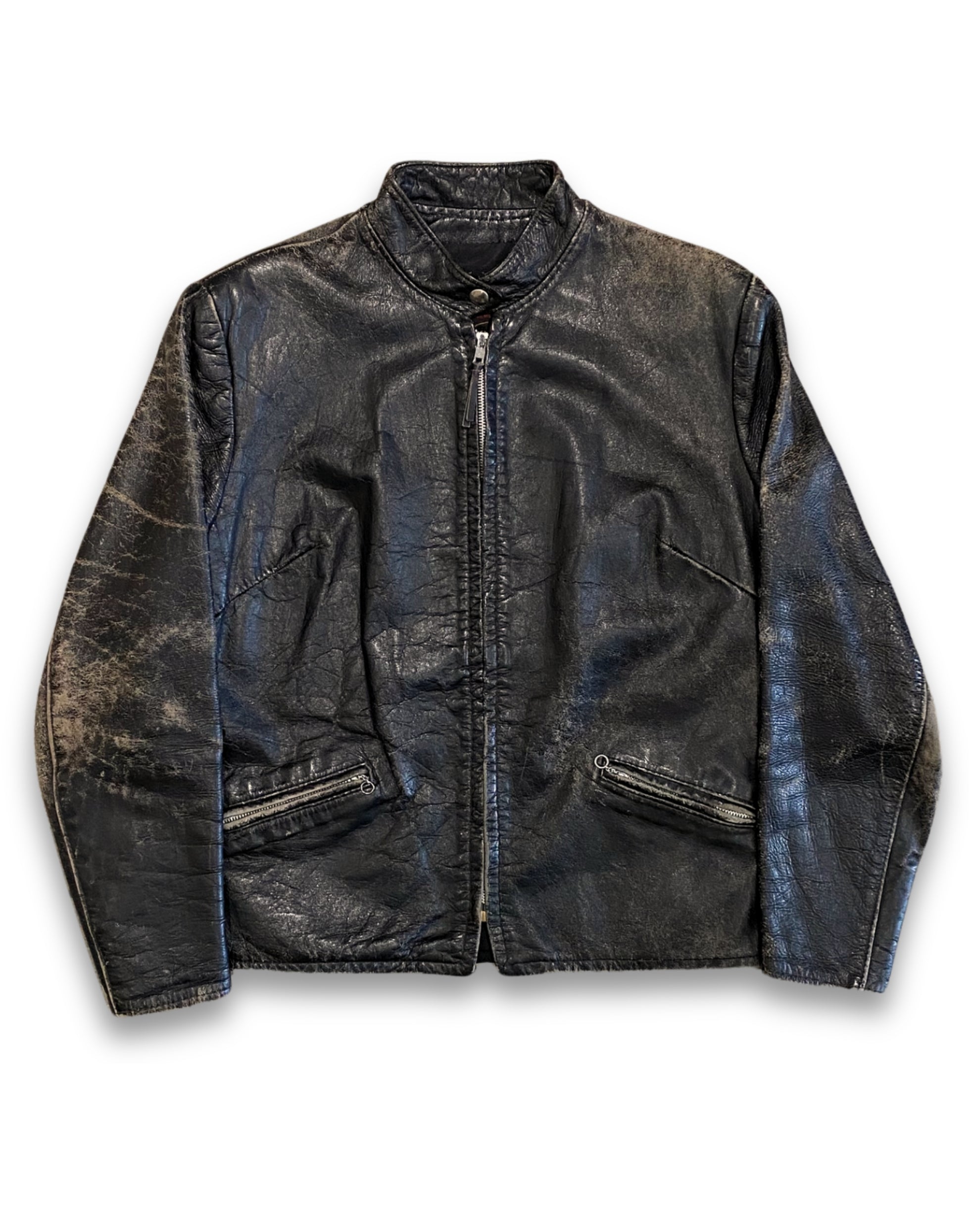 Front view of vintage 1960s black steerhide leather café racer jacket with distressed patina and zippered pockets.