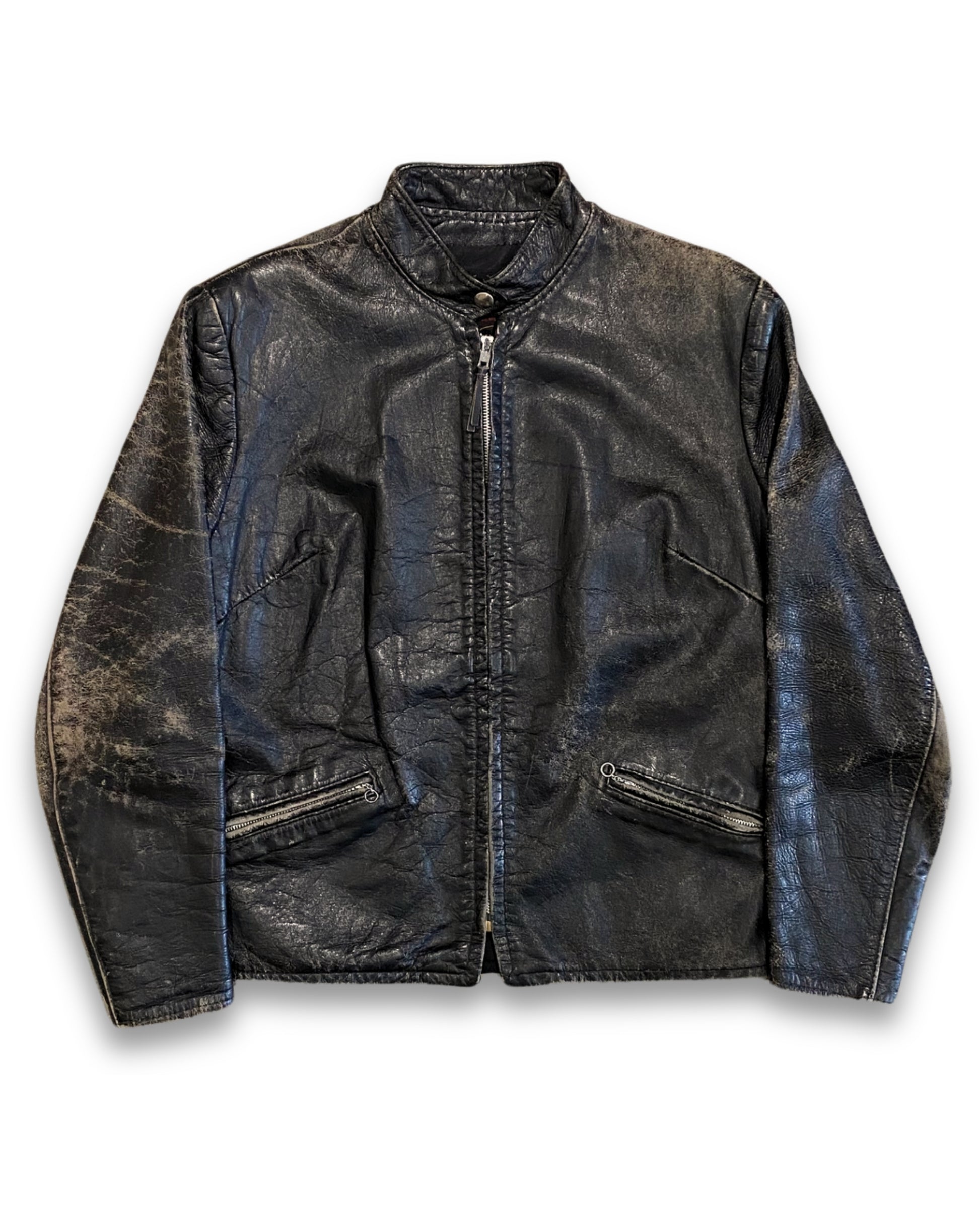 Front view of vintage 1960s black steerhide leather café racer jacket with distressed patina and zippered pockets.
