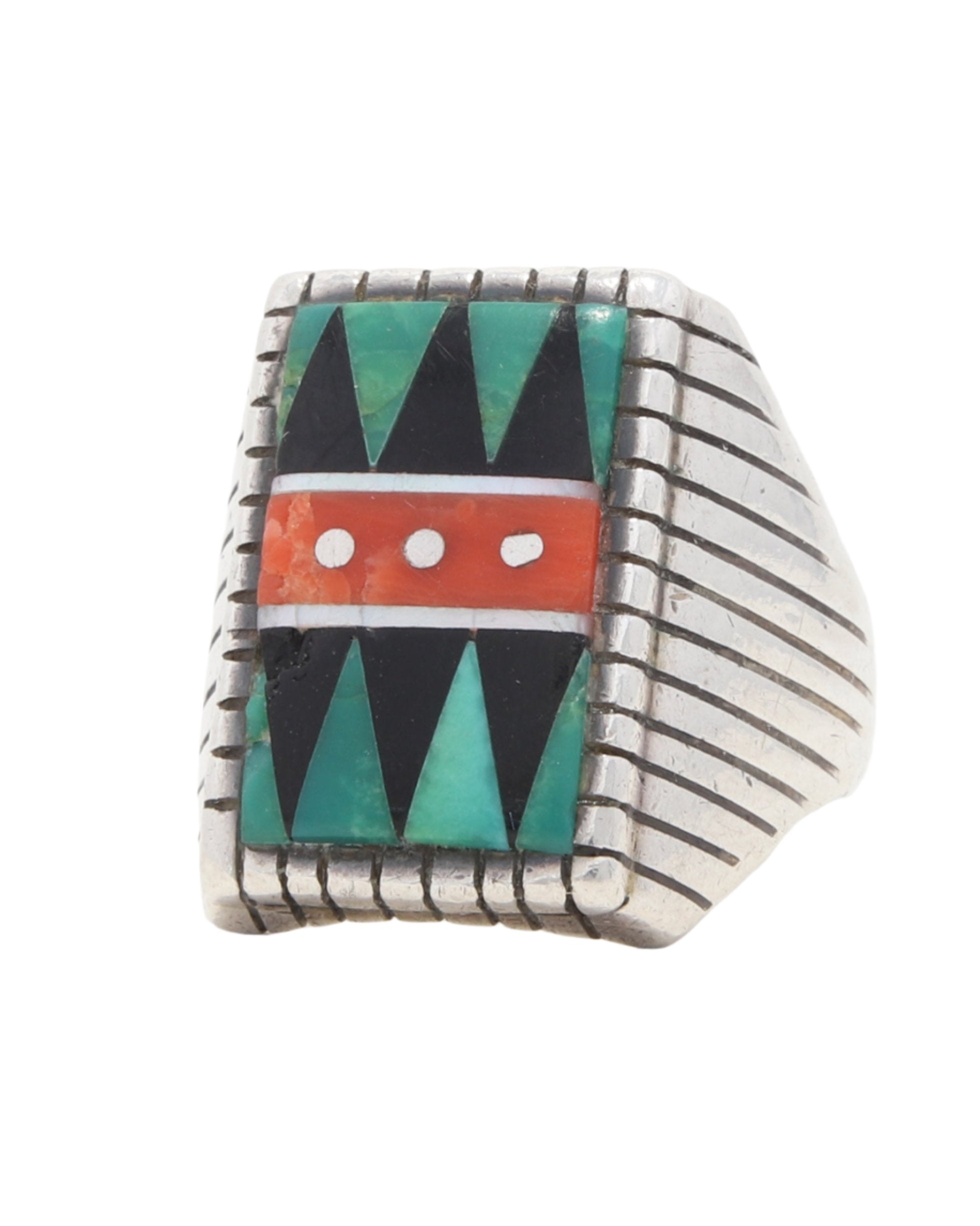 Vintage Inlay Ring - Sterling Silver with Turquoise, Obsidian, and Coral (Marked VB) 1