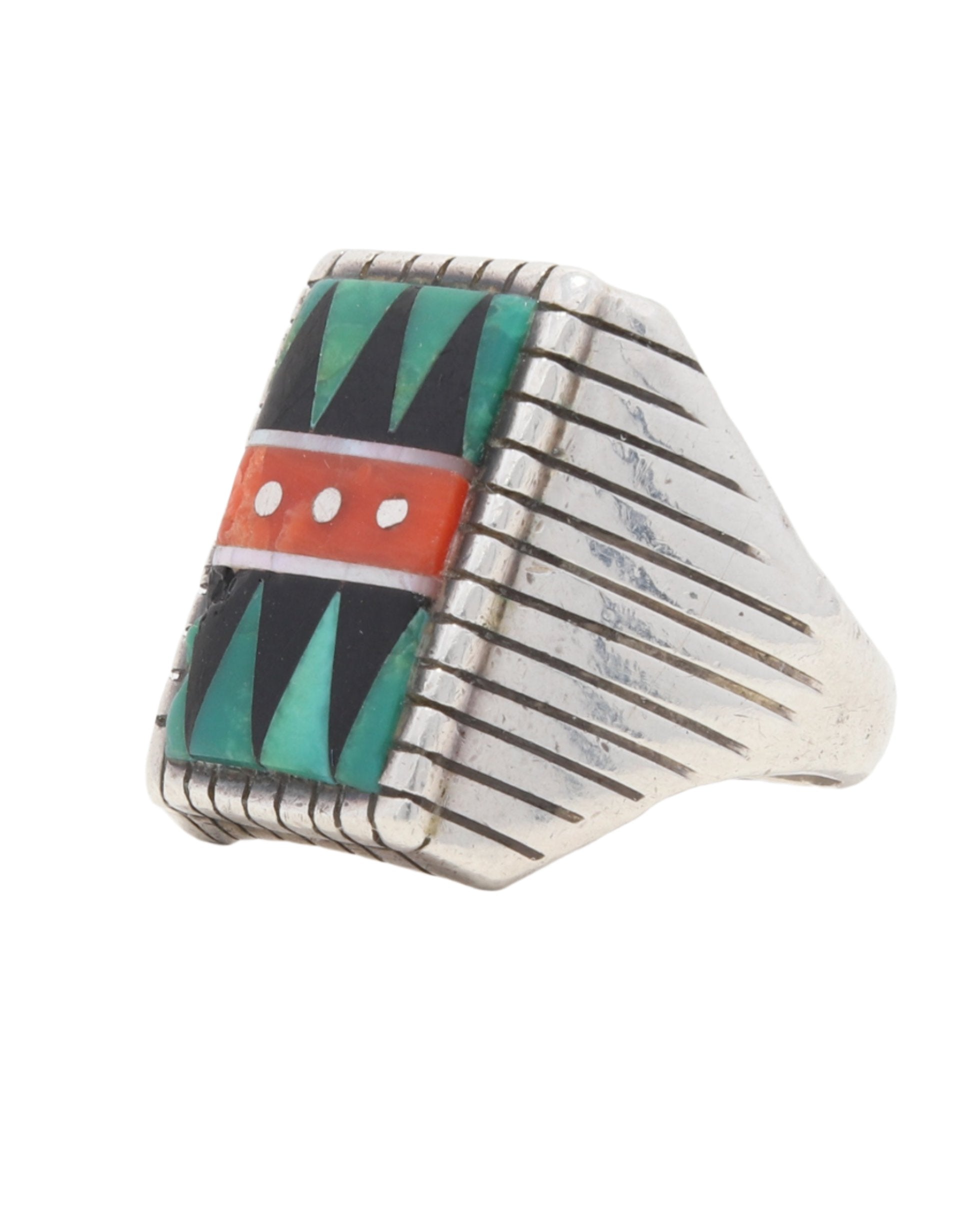 Vintage Inlay Ring - Sterling Silver with Turquoise, Obsidian, and Coral (Marked VB) side view
