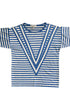 Vintage Lanvin Paris nautical striped shirt 1980s. Egyptian cotton. Blue and white stripes with bold V design. Made in Italy. Front View.