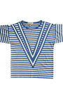 Vintage Lanvin Paris nautical striped shirt 1980s. Egyptian cotton. Blue and white stripes with bold V design. Made in Italy. Front View.