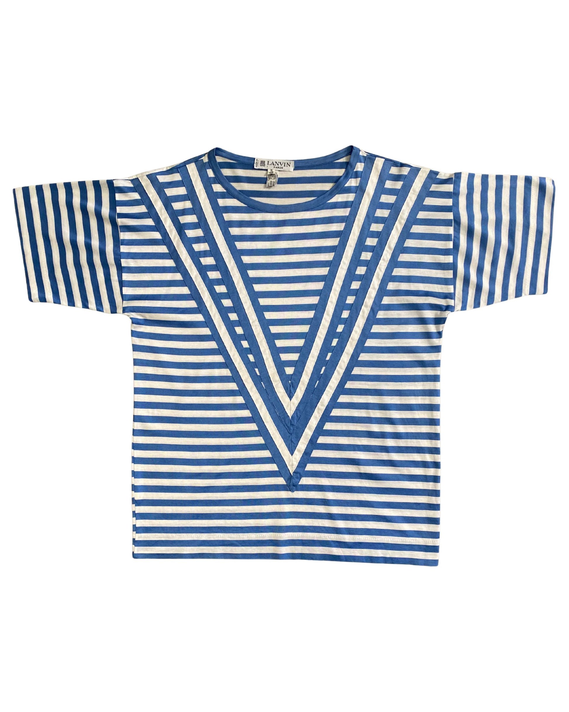 Vintage Lanvin Paris nautical striped shirt 1980s. Egyptian cotton. Blue and white stripes with bold V design. Made in Italy. Front View.