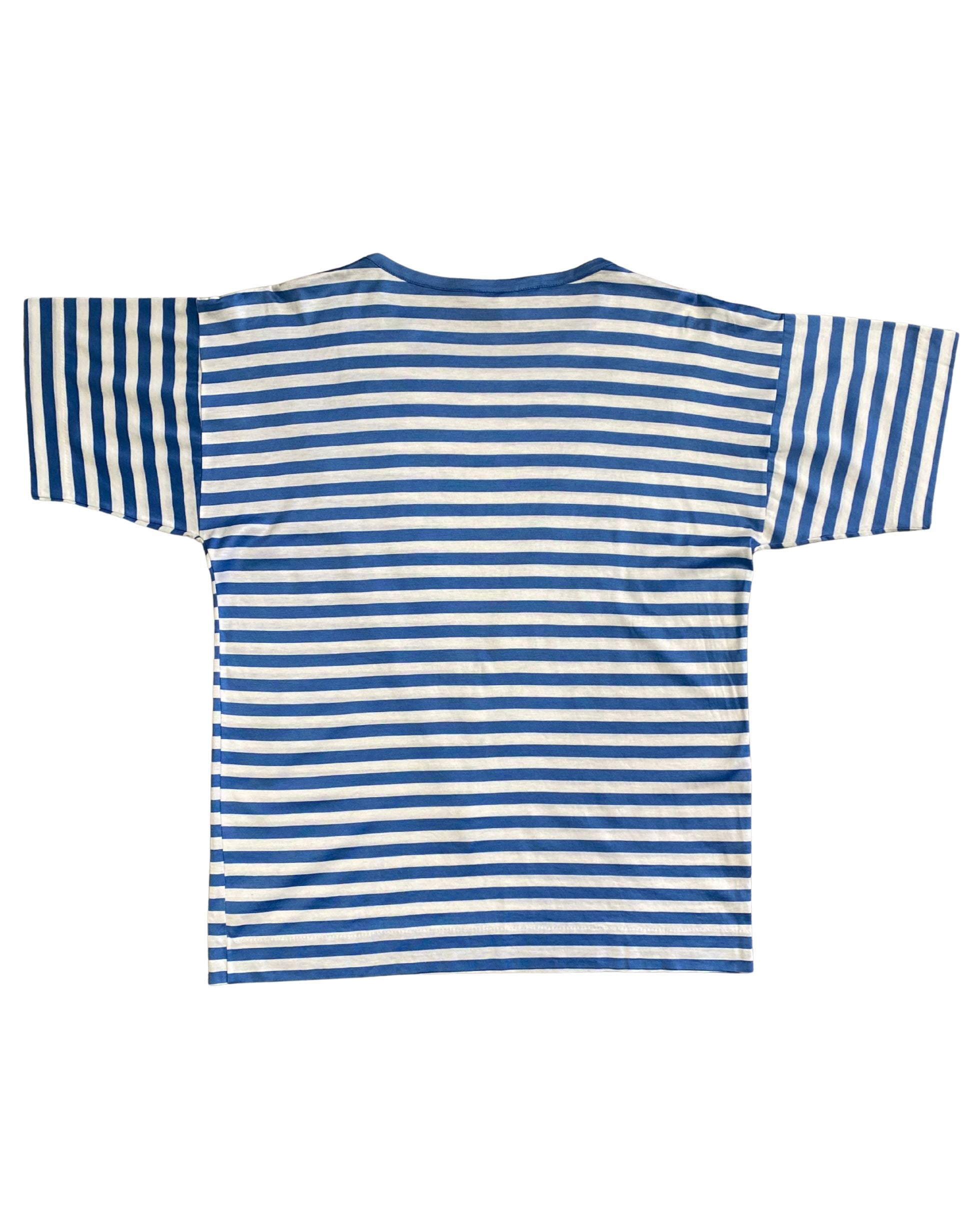 Vintage Lanvin Paris nautical striped shirt 1980s. Egyptian cotton. Blue and white stripes with bold V design. Made in Italy. Back view.