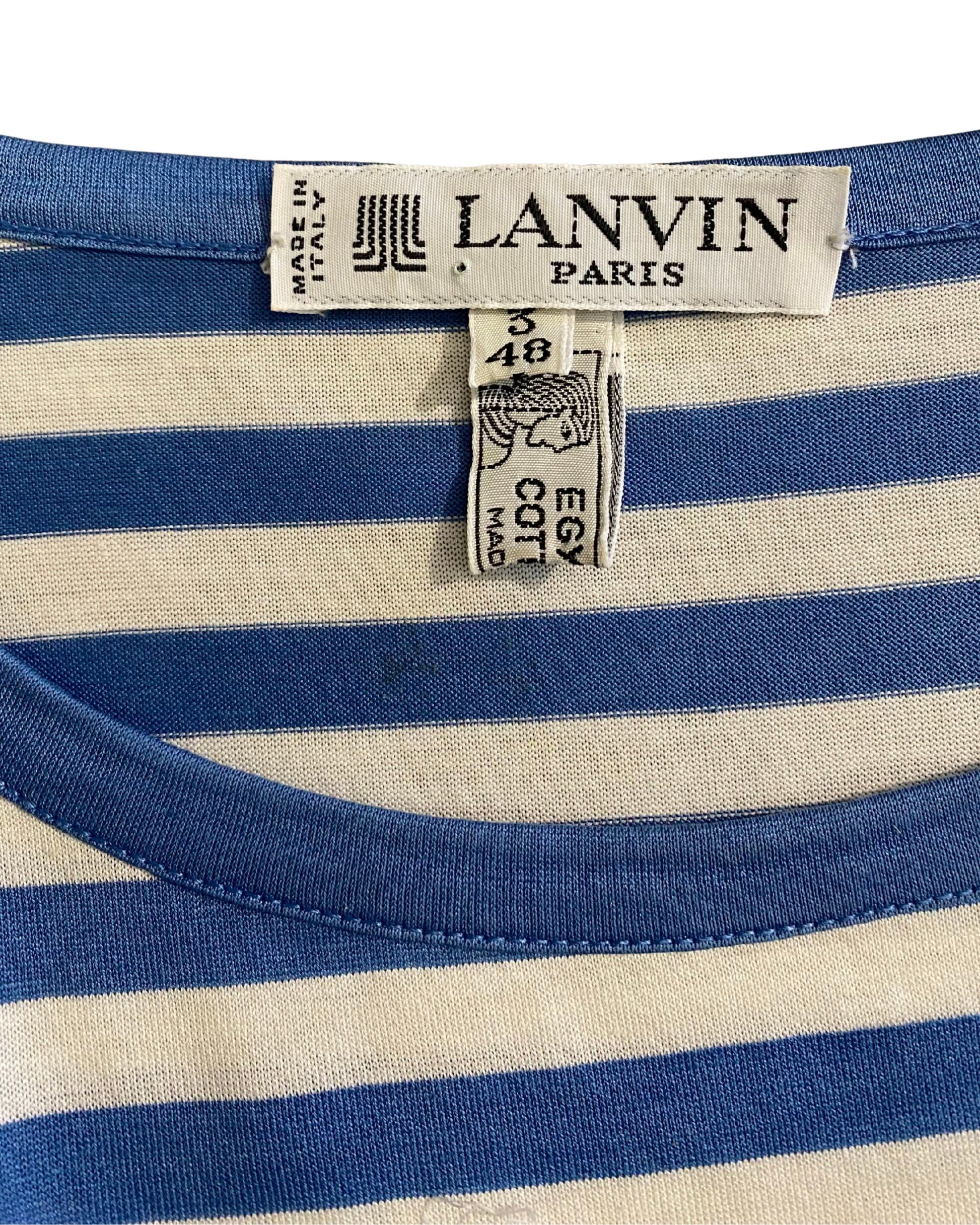Vintage Lanvin Paris nautical striped shirt 1980s. Egyptian cotton. Blue and white stripes with bold V design. Made in Italy. Label.