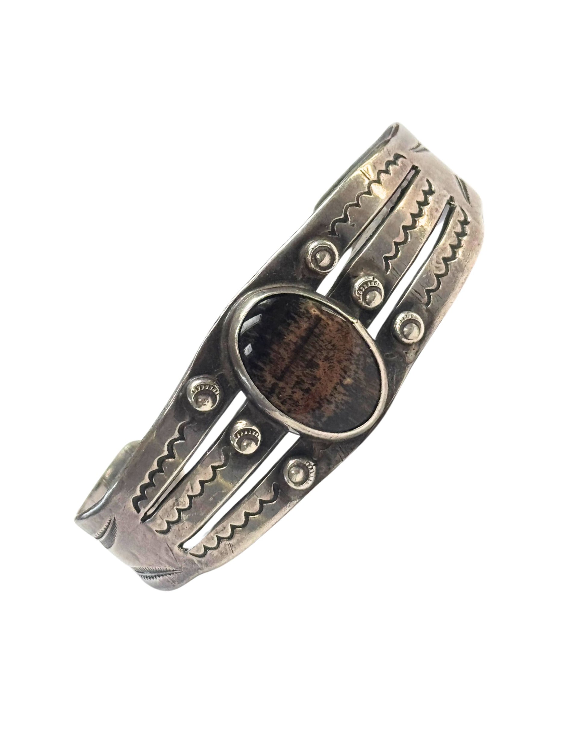 Vintage Navajo Sterling Silver Cuff Bracelet with Petrified Wood Jasper  1940s–1950s 1