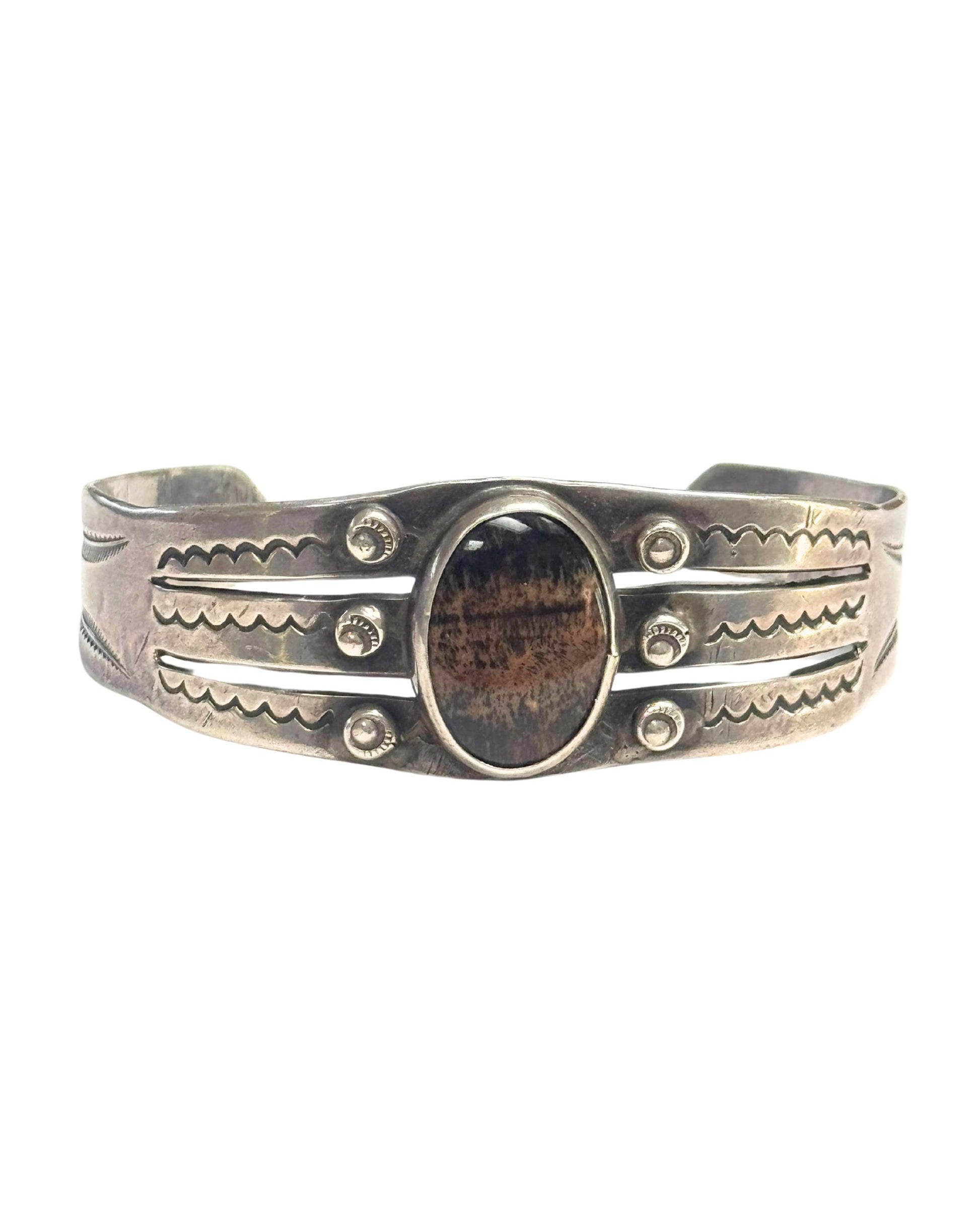 Vintage Navajo Sterling Silver Cuff Bracelet with Petrified Wood Jasper  1940s–1950s 4