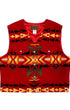 Front view of NOS vintage Pendleton wool vest with red geometric pattern and snap front closure.
