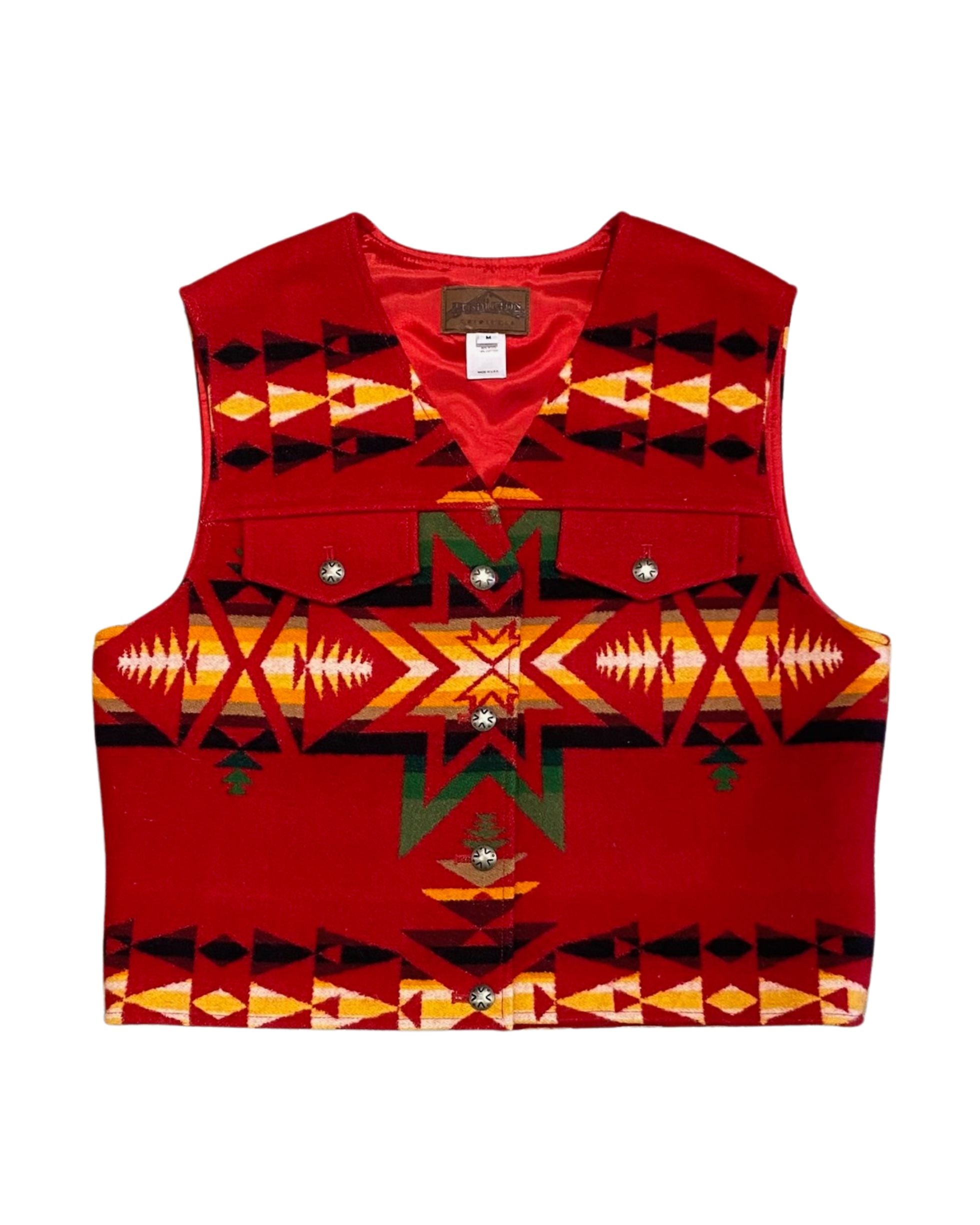 Front view of NOS vintage Pendleton wool vest with red geometric pattern and snap front closure.
