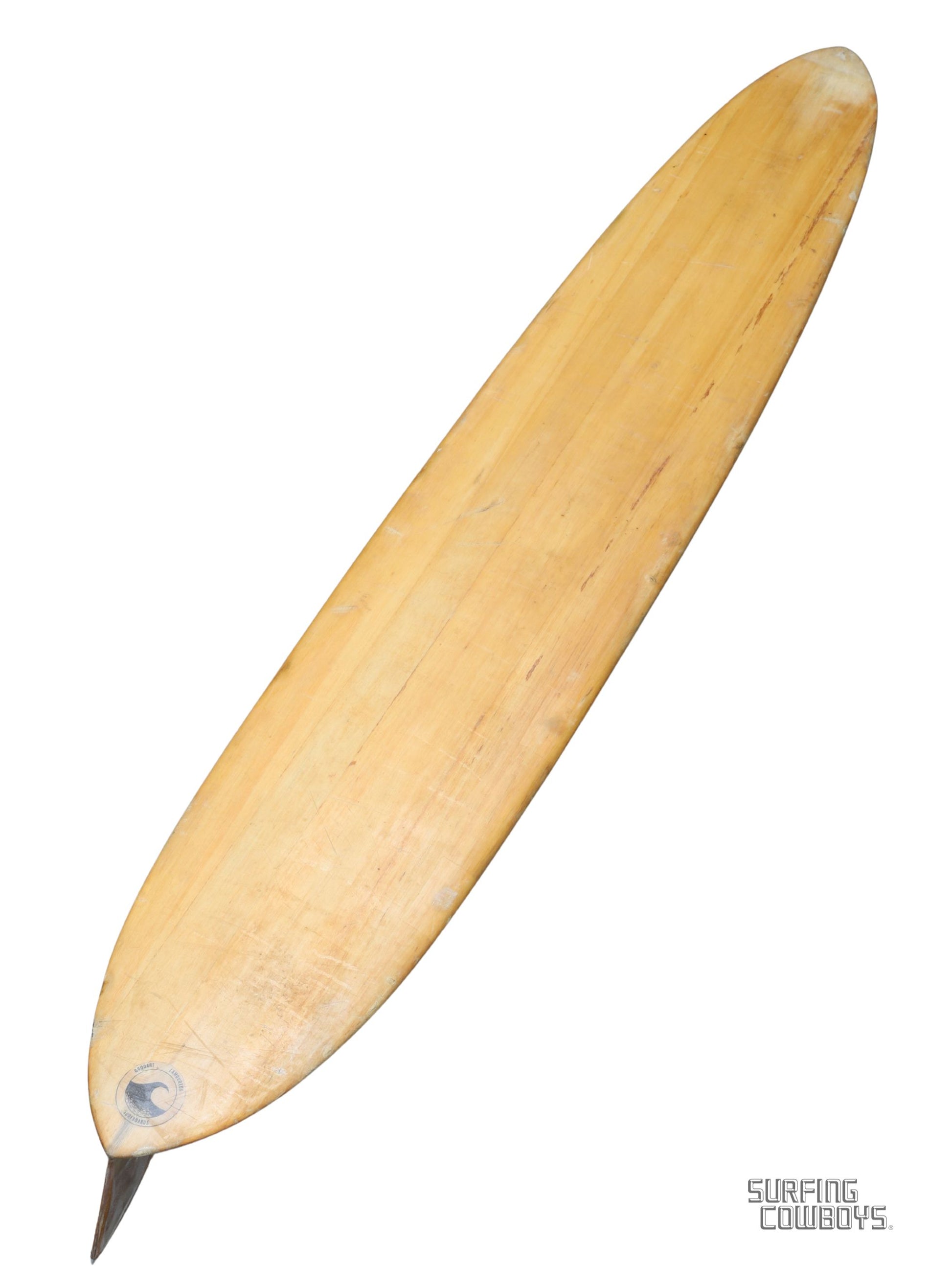 Vintage balsa wood surfboard, 1950s Malibu-made by Goodart & Lamoureux Deck
