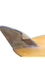 Close up of fin on Vintage balsa wood surfboard, 1950s Malibu-made by Goodart & Lamoureux