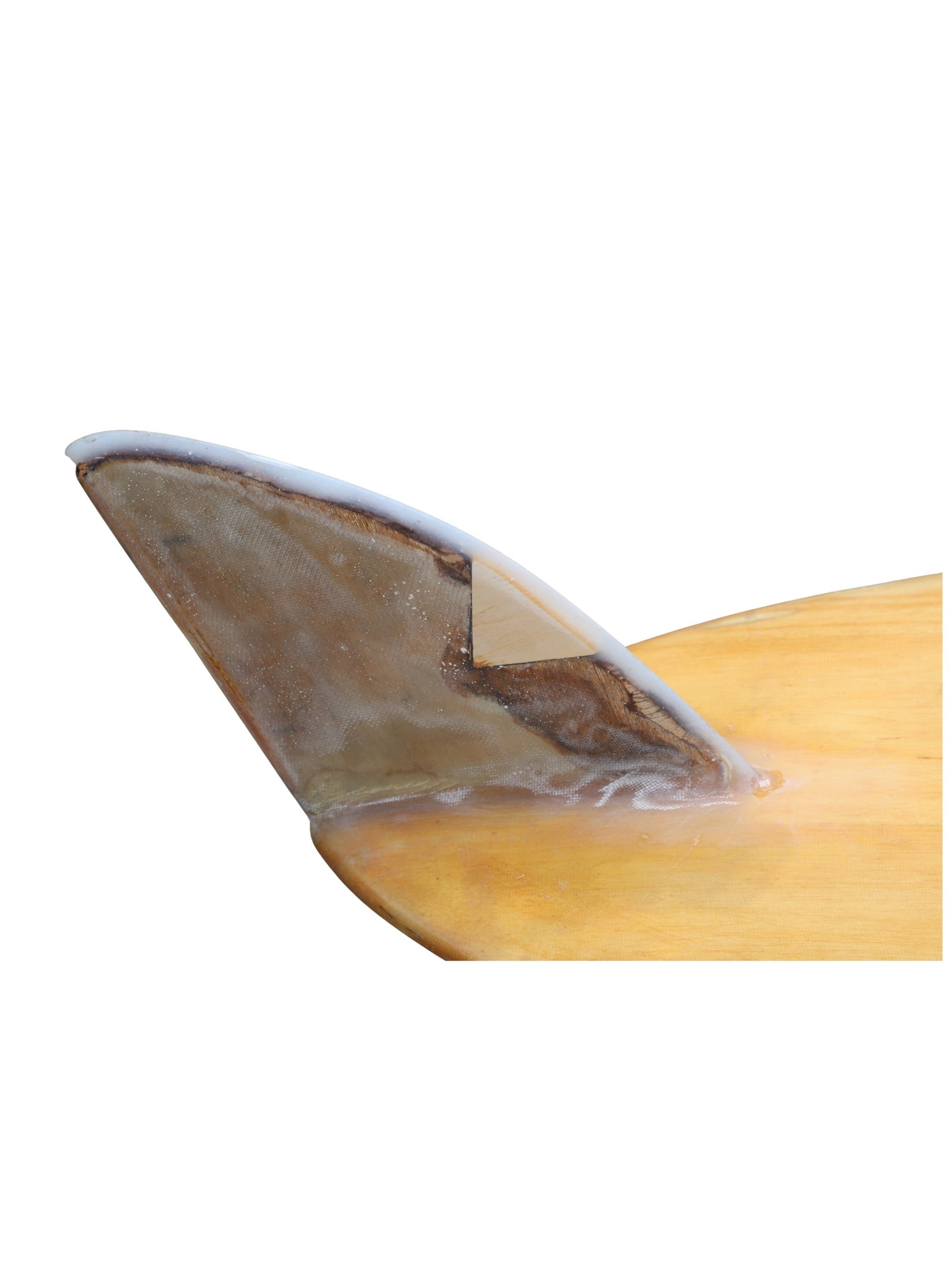 Close up of fin on Vintage balsa wood surfboard, 1950s Malibu-made by Goodart & Lamoureux