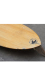 Close up detail of old ding as well as logo on Vintage balsa wood surfboard, 1950s Malibu-made by Goodart & Lamoureux