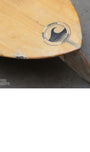 Close up detail of old repair on Vintage balsa wood surfboard, 1950s Malibu-made by Goodart & Lamoureux