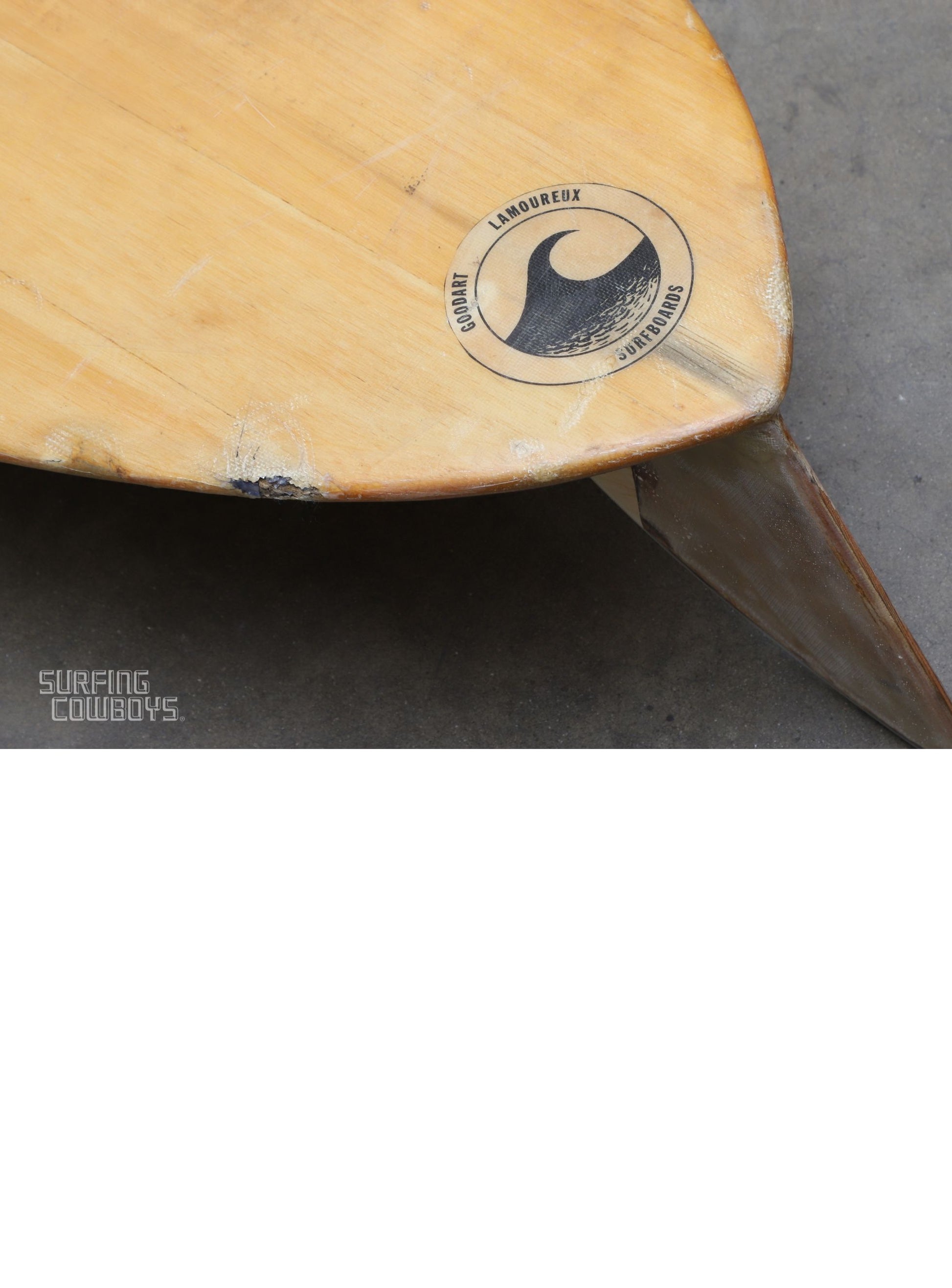 Close up detail of old repair on Vintage balsa wood surfboard, 1950s Malibu-made by Goodart & Lamoureux