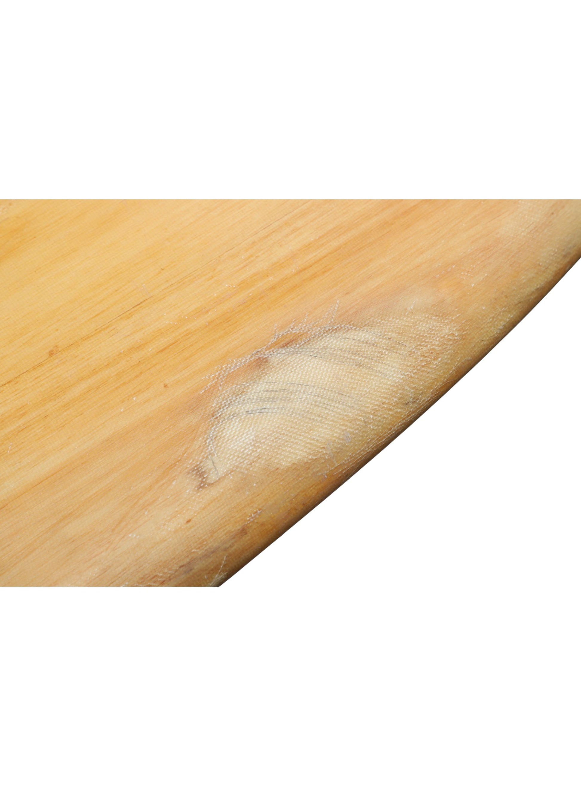 Close up of repai on Vintage balsa wood surfboard, 1950s Malibu-made by Goodart & Lamoureux