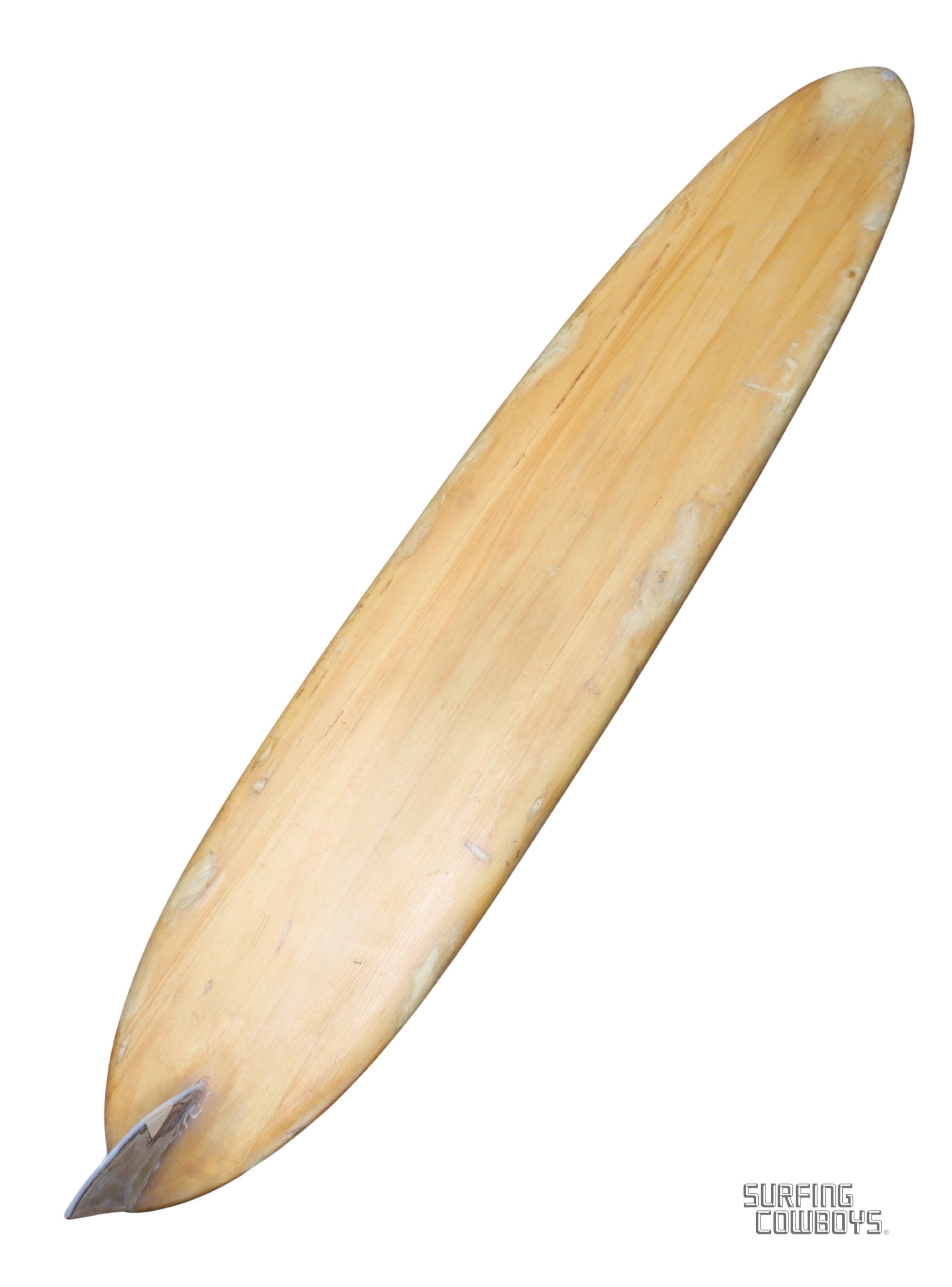 Vintage balsa wood surfboard, 1950s Malibu-made by Goodart & Lamoureux Bottom