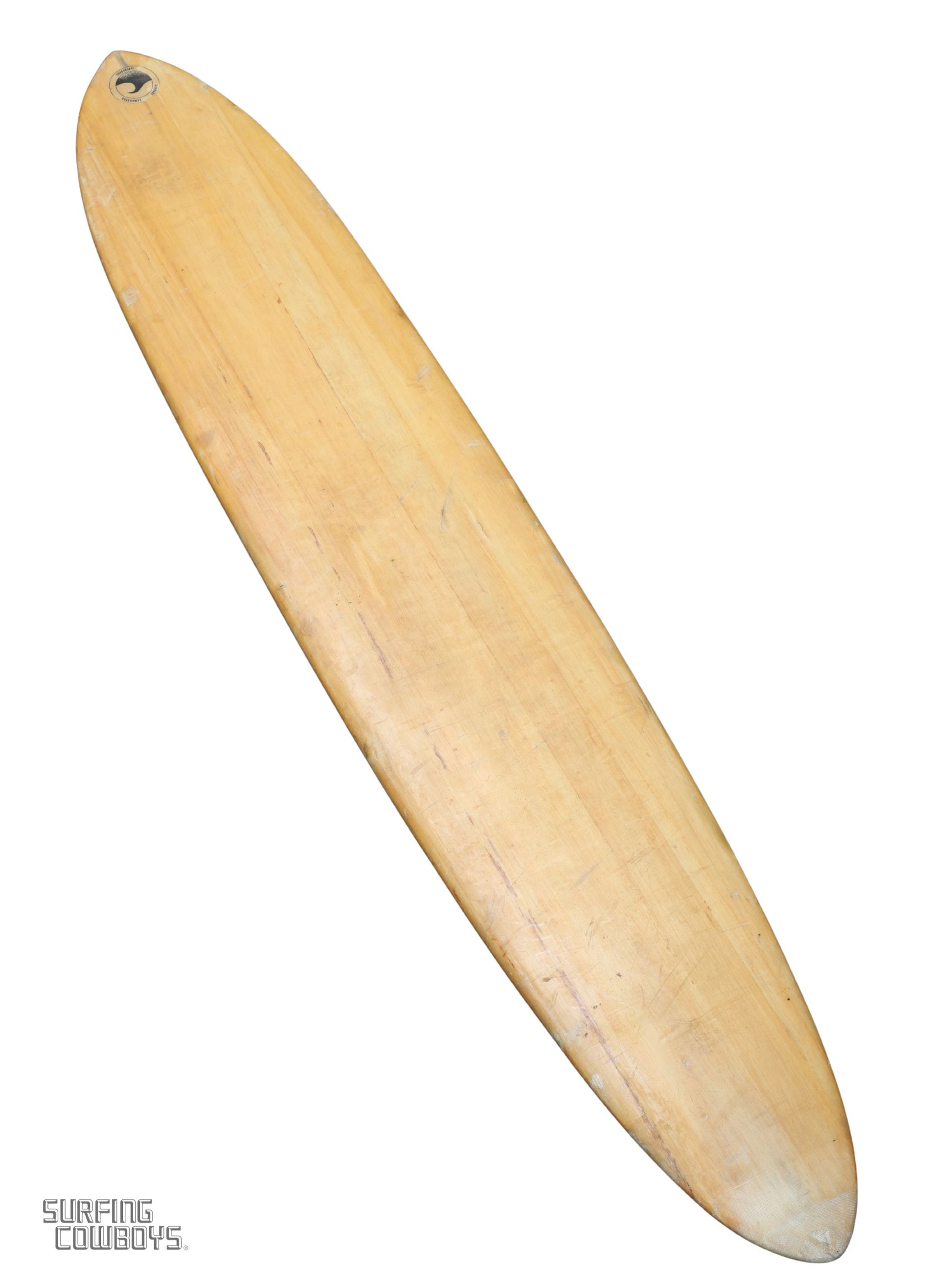 Vintage balsa wood surfboard, 1950s Malibu-made by Goodart & Lamoureux Deck