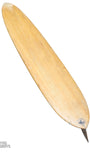Vintage balsa wood surfboard, 1950s Malibu-made by Goodart & Lamoureux Deck w view of fin