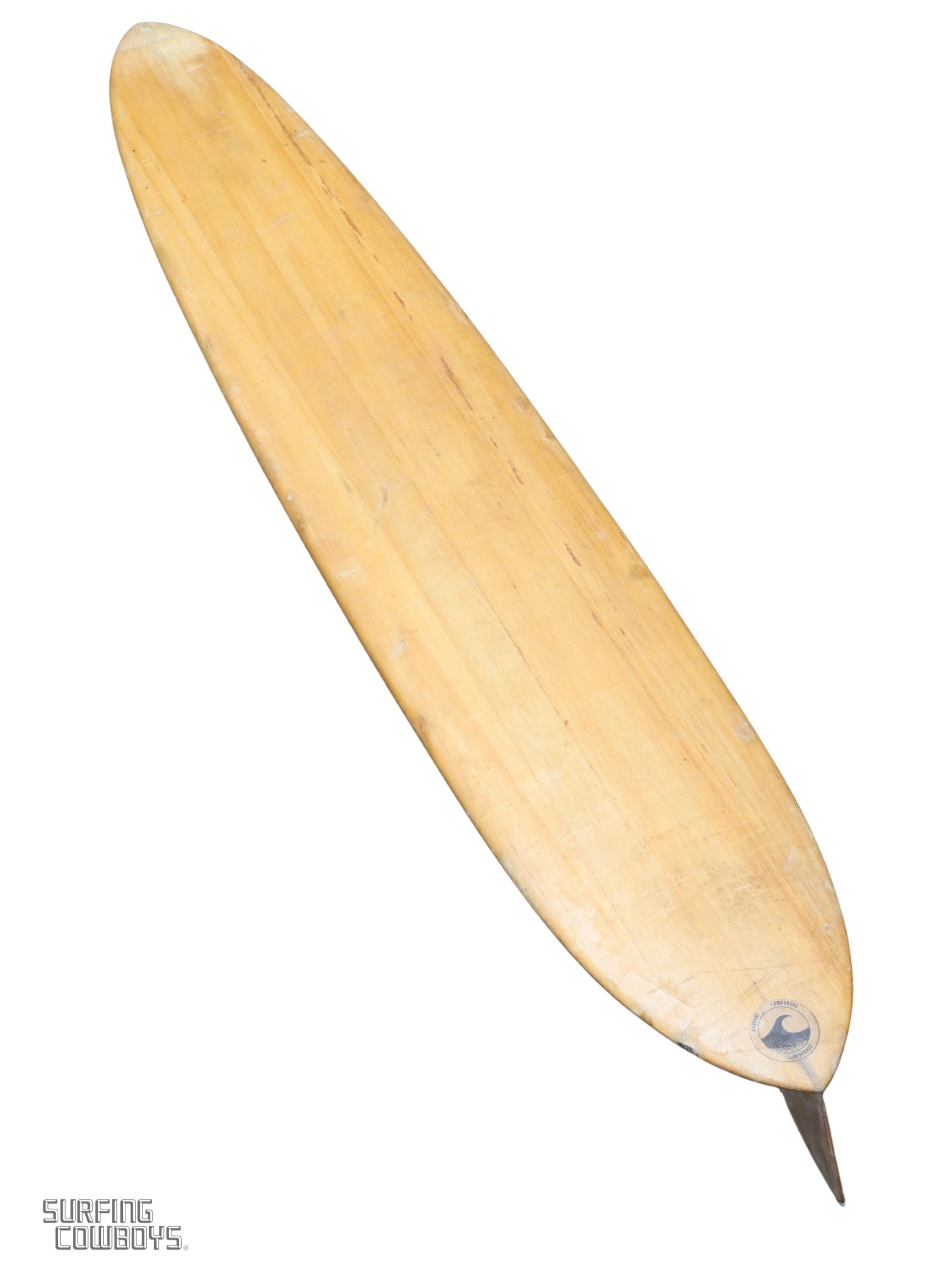 Vintage balsa wood surfboard, 1950s Malibu-made by Goodart & Lamoureux Deck w view of fin
