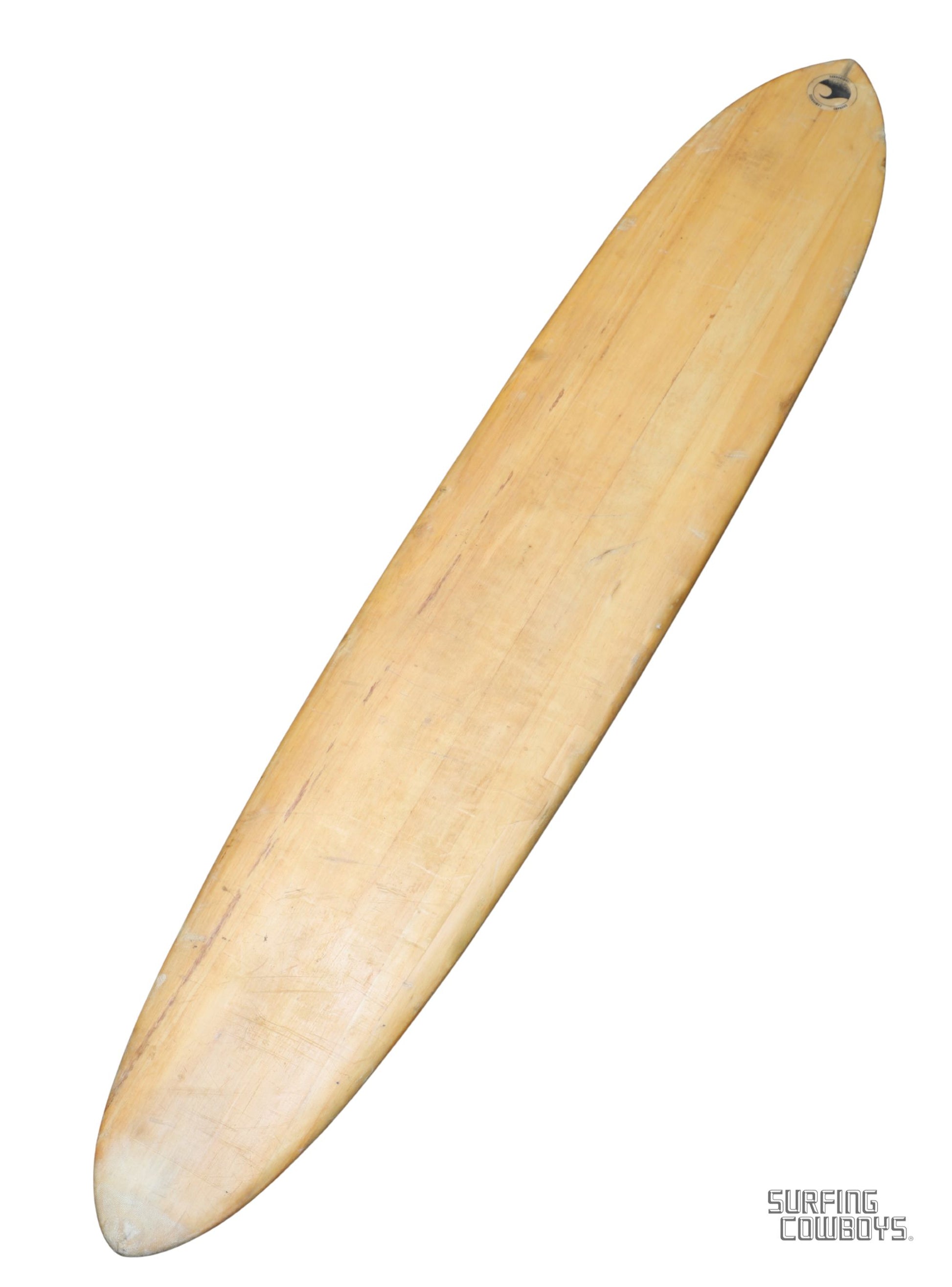 Vintage balsa wood surfboard, 1950s Malibu-made by Goodart & Lamoureux Deck with View of Nose