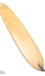 Vintage balsa wood surfboard, 1950s Malibu-made by Goodart & Lamoureux Bottom with view of fin