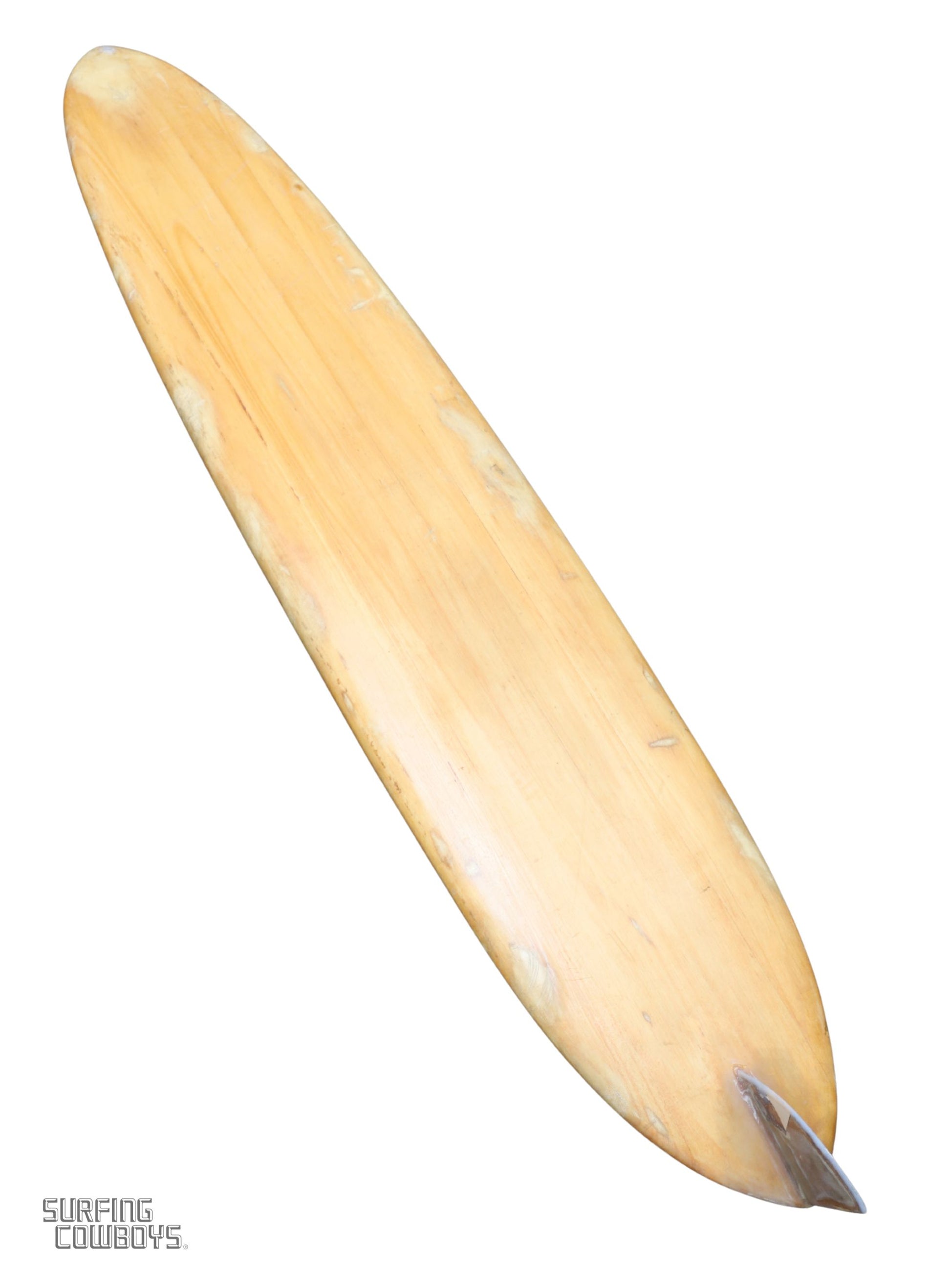 Vintage balsa wood surfboard, 1950s Malibu-made by Goodart & Lamoureux Bottom with view of fin