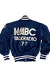 Back of vintage Yankees jacket with large WABC Talkradio 77 lettering.