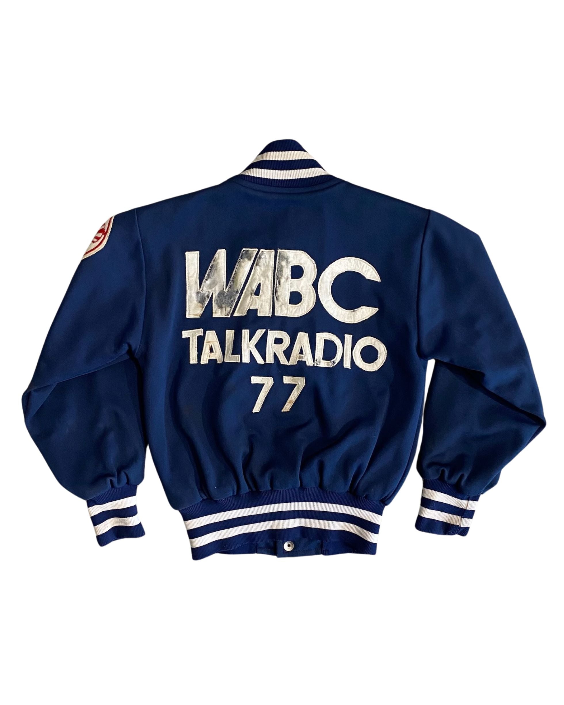 Back of vintage Yankees jacket with large WABC Talkradio 77 lettering.