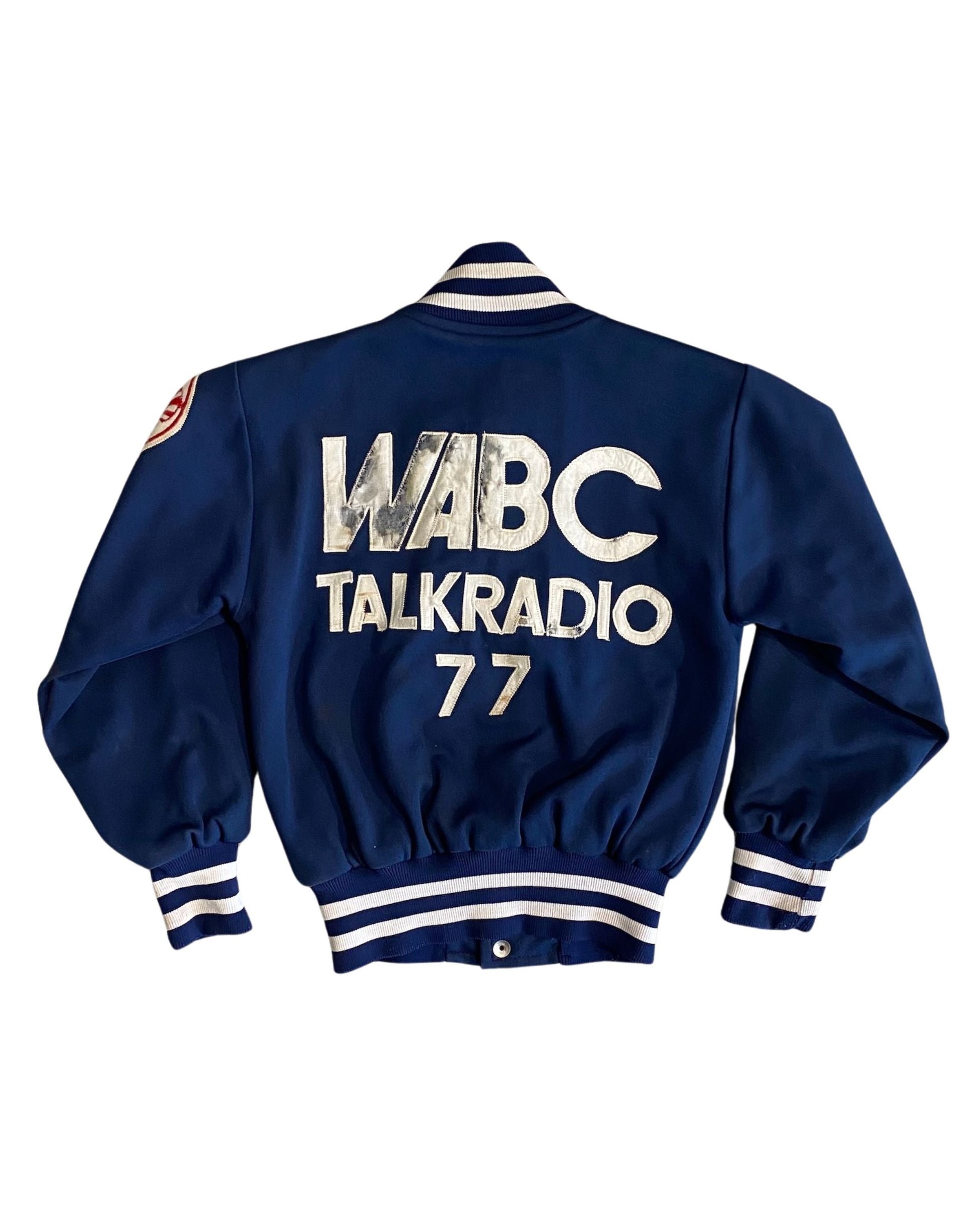 Back of vintage Yankees jacket with large WABC Talkradio 77 lettering.
