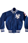 Front of 1960s NY Yankees varsity jacket with logo and striped trim.