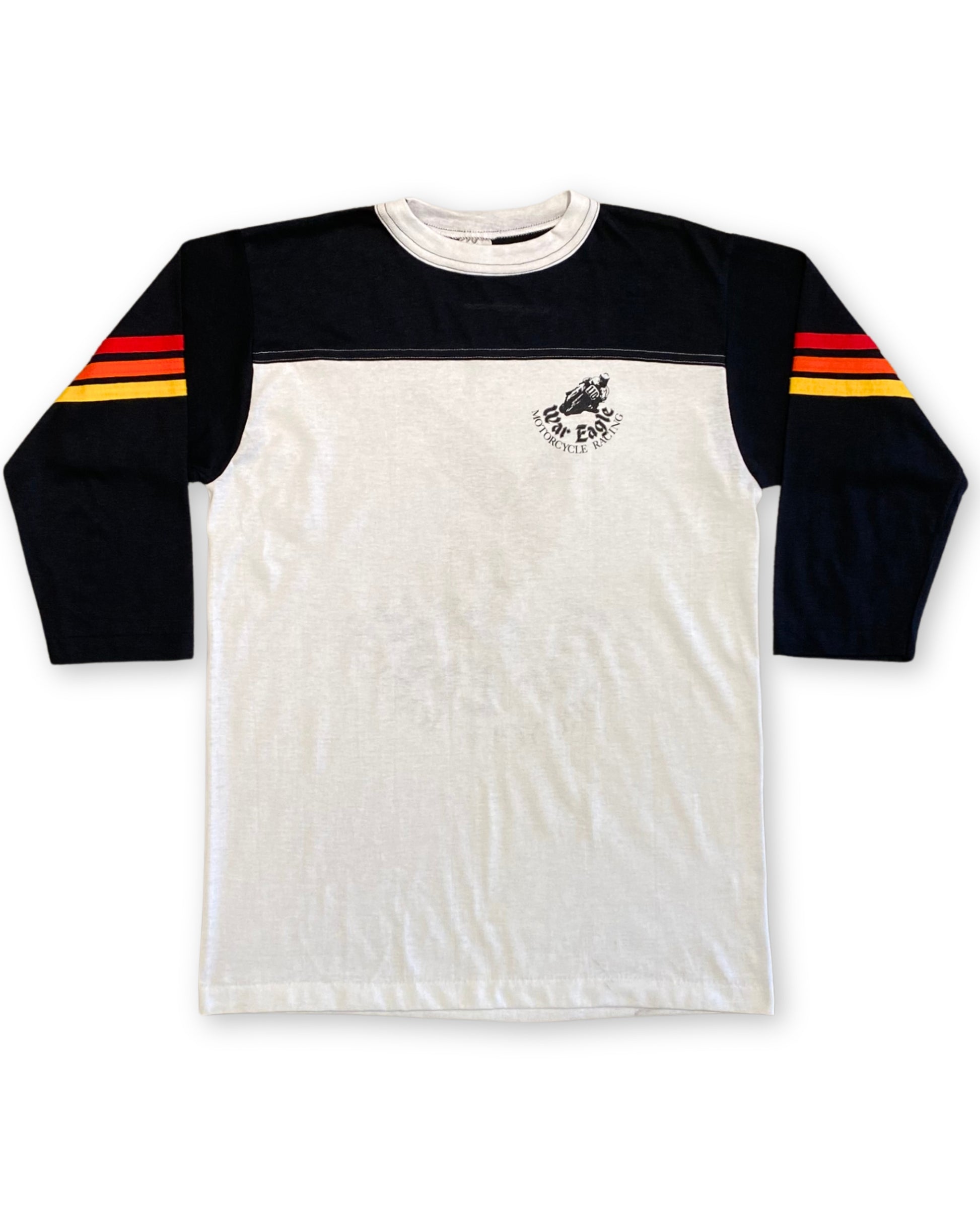 Long-sleeve shirt with black sleeves and white body, featuring a logo on the chest against a white background.