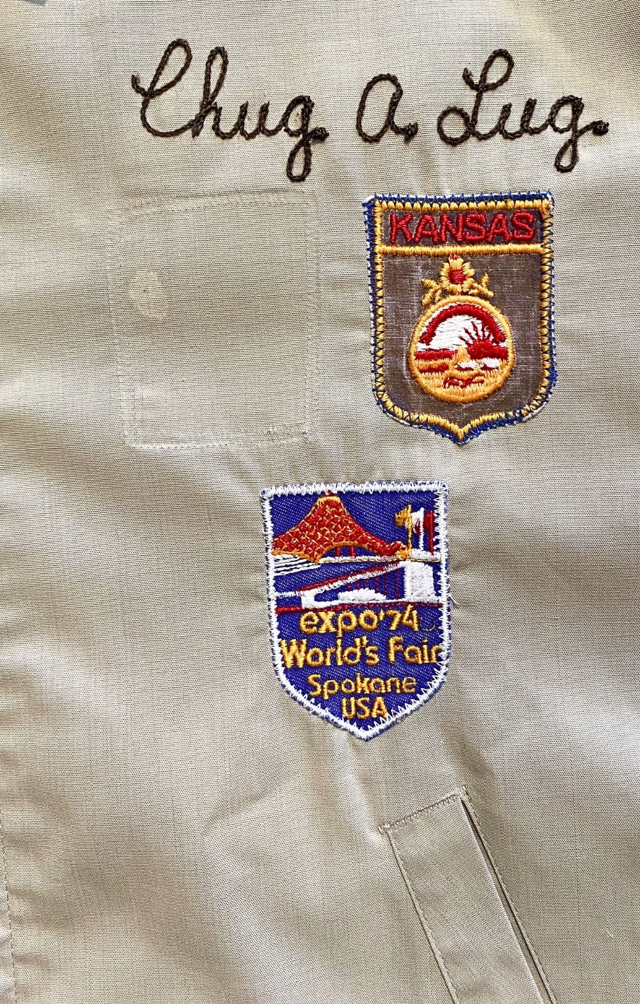Detail of “Chug A Lug” chainstitch with Kansas and Expo ’74 World’s Fair patches.