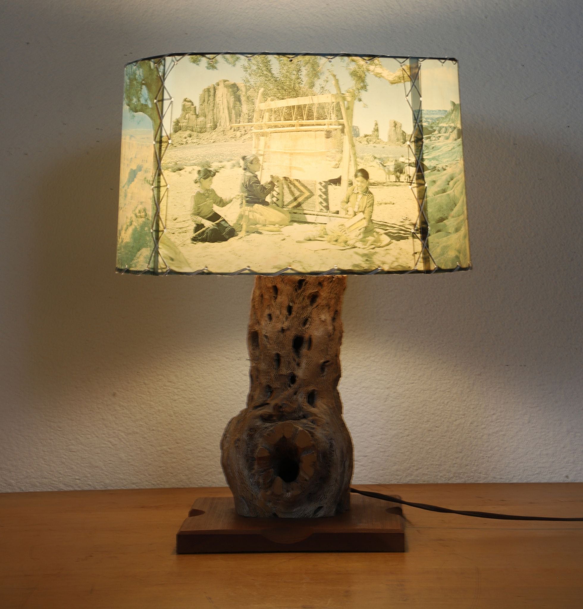 Western Lamp Cholla Cactus Wood Table Lamp with Pictorial Shade, c. 1960s