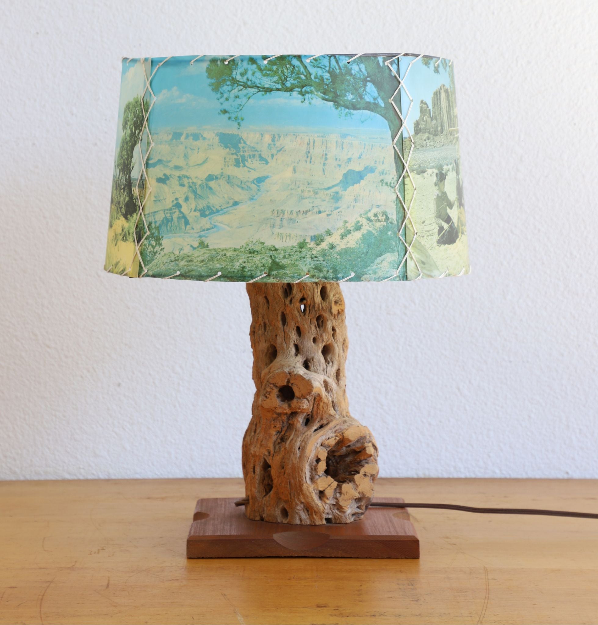 Western Lamp Cholla Cactus Wood Table Lamp with Pictorial Shade, c. 1960s