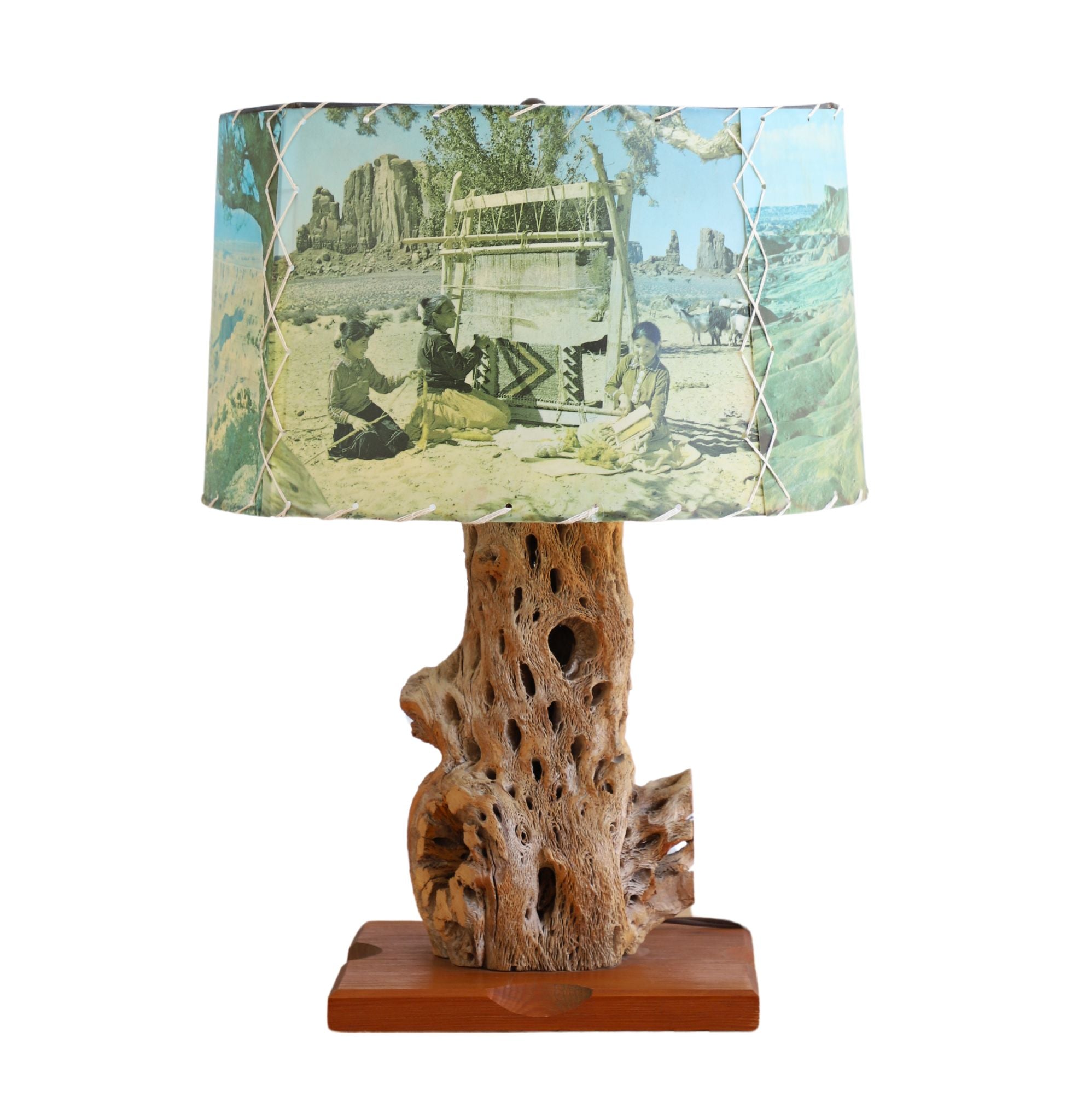 Western Lamp Cholla Cactus Wood Table Lamp with Pictorial Shade, c. 1960s