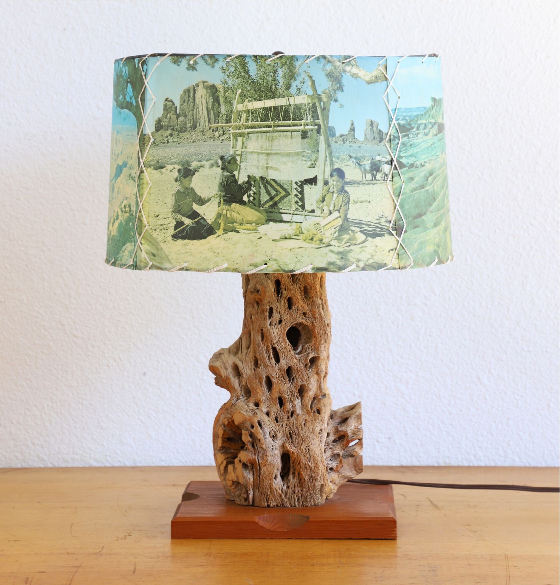 Western Lamp Cholla Cactus Wood Table Lamp with Pictorial Shade, c. 1960s