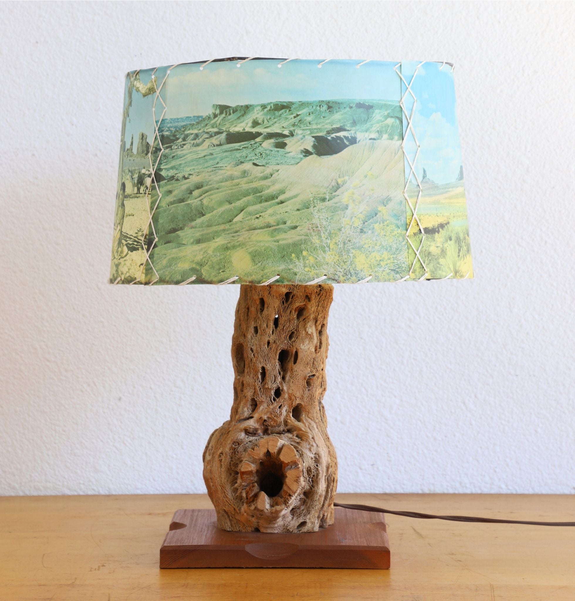 Western Lamp Cholla Cactus Wood Table Lamp with Pictorial Shade, c. 1960s