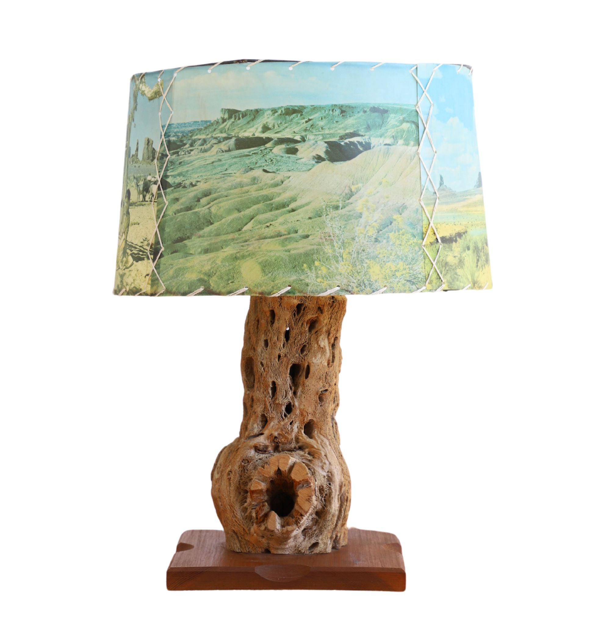 Western Lamp Cholla Cactus Wood Table Lamp with Pictorial Shade, c. 1960s