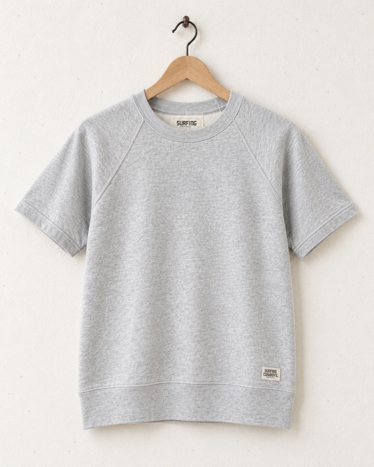 Surfing Cowboys Westside heavyweight short sleeve sweatshirt in heather grey 100% cotton with raglan sleeves, ribbed waistband and small woven logo label.