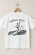 Back view of vintage white Wicked Good T-shirt with back devil graphic surfing a wave with Surfing Cowboys written in the water and Wicked Good written in the sky on hanger against tan wall. 