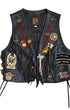 Wide shot of full front of 1980s Harley Davidson leather vest, showing patches, fringe, and pins.with fringe and H.O.G. patches.
