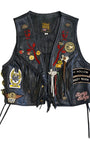 Wide shot of full front of 1980s Harley Davidson leather vest, showing patches, fringe, and pins.with fringe and H.O.G. patches.