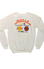 Front of vintage 1988 NBA Finals sweatshirt featuring World Championship graphics with Lakers and Pistons logos.