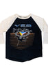 Front view of a black and white three-quarter sleeve YES baseball T-shirt with large multicolor geometric tour artwork.