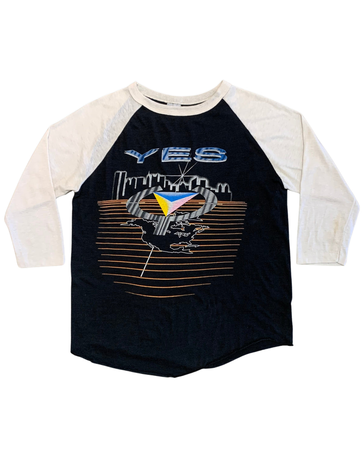 Front view of a black and white three-quarter sleeve YES baseball T-shirt with large multicolor geometric tour artwork.