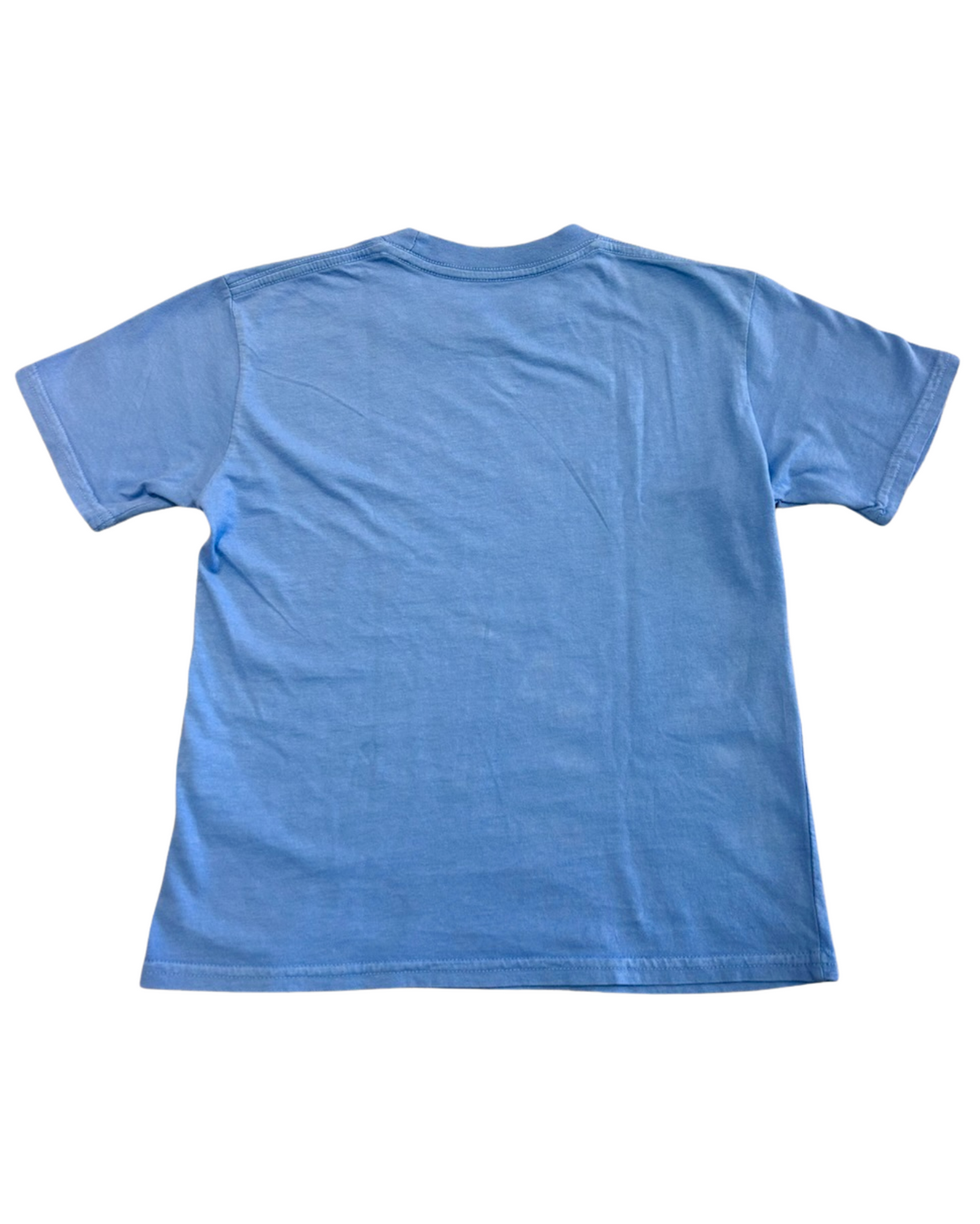 Back of a washed blue youth T-shirt with no visible graphic.