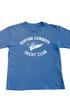 Front of a washed blue youth T-shirt with a white Surfing Cowboys Yacht Club flag graphic.