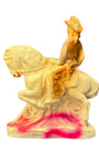 Back of vintage cowgirl on horseback, mid-century carnival figurine.
