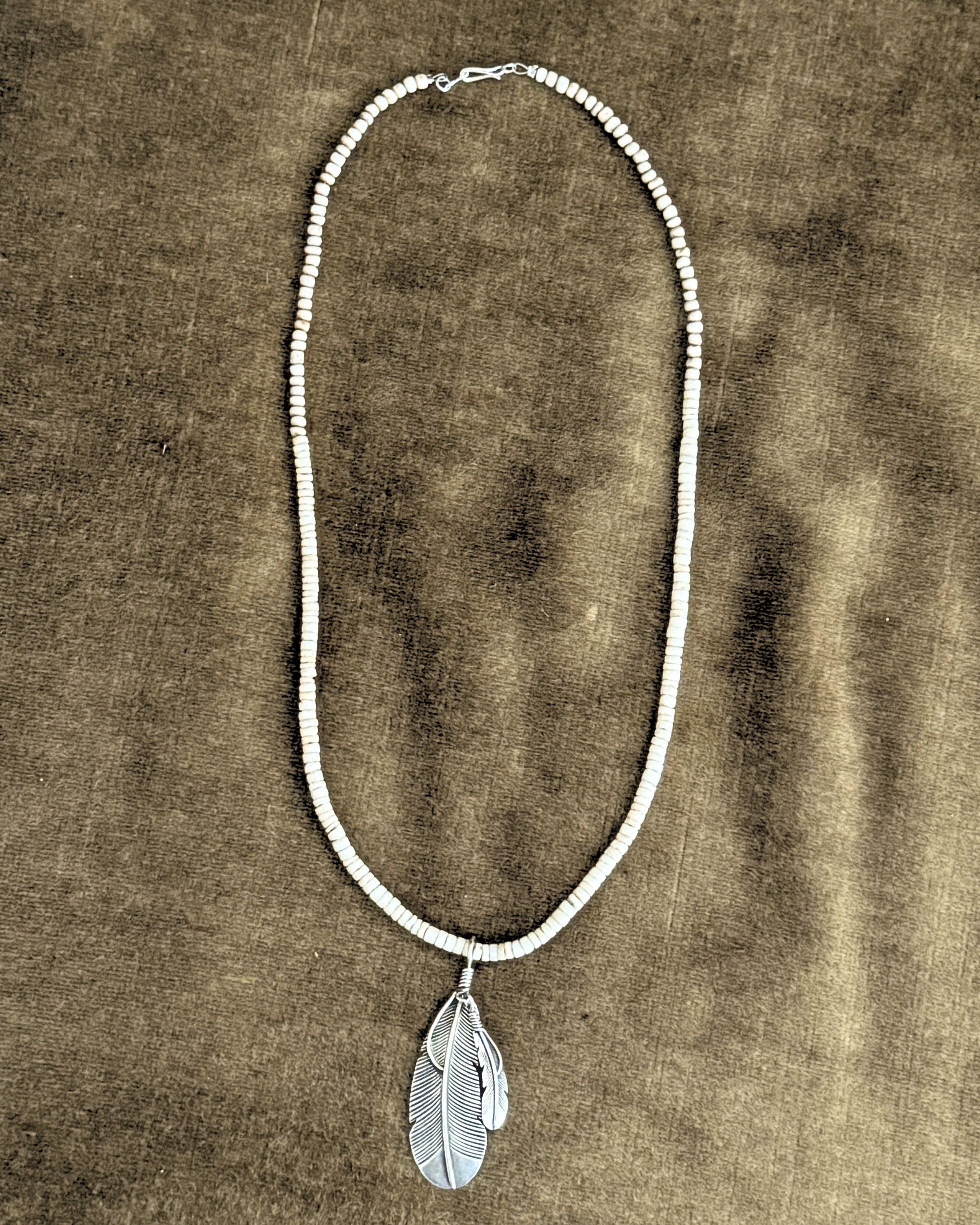Sterling Silver Double Feather Pendant Necklace with Vintage Shell Beads